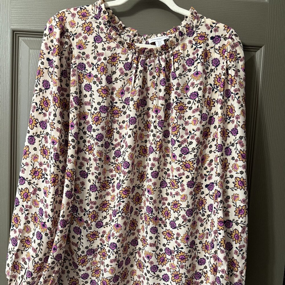 Carolina Belle 1X Floral Ruffle Neck Long Sleeve Blouse